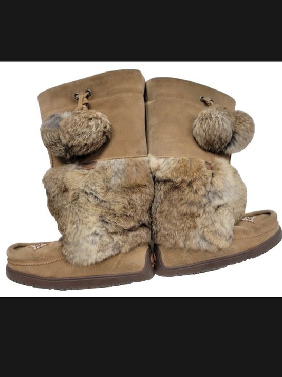 Manitobah Mukluks Snowy Owl Suede Fur Shearling Tall Boots Women 5 Tan Brown - Picture 2 of 6